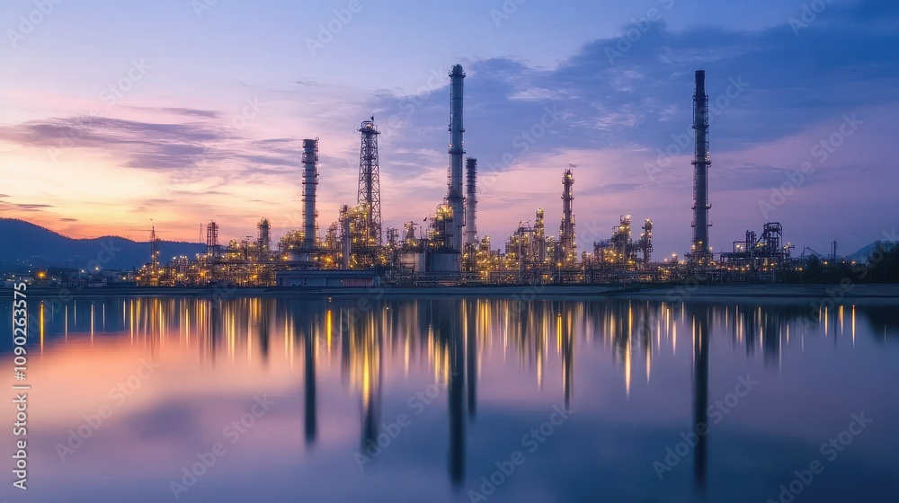 Fototapeta premium Industrial landscape at sunset with reflection in water.