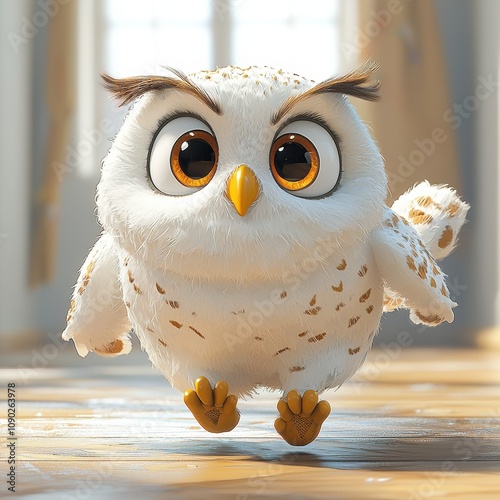 Snowy Owl with Big Eyes: A cartoonish snowy owl with big, expressive eyes, adorable details, and a friendly demeanor, perfect for children's books, illustrations, and branding. photo