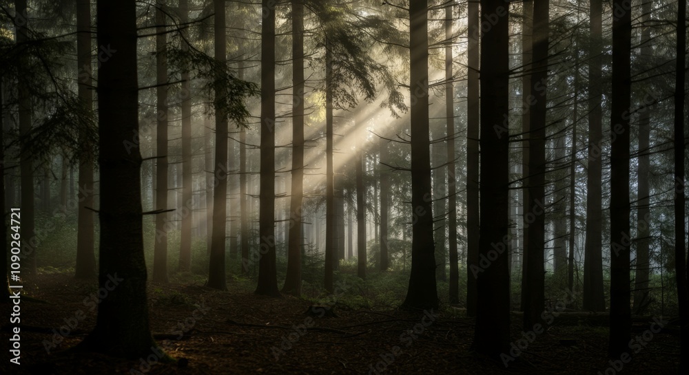 Fototapeta premium Misty forest with sunbeams filtering through tall pine trees