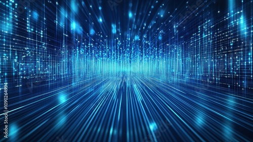 A futuristic digital landscape with glowing lines and particles creating a sense of depth.