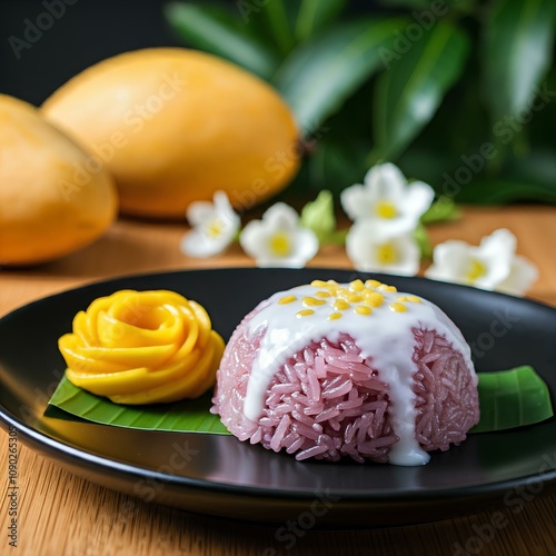 Thai mango sticky rice, a popular dessert in Thailand.