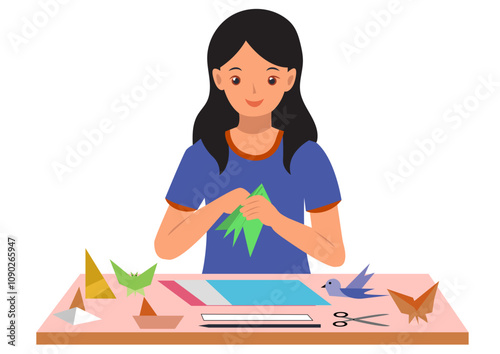 a girl doing origami (paper folding). A peaceful and educational activity associated with crafts, creativity, focus, and childhood learning.