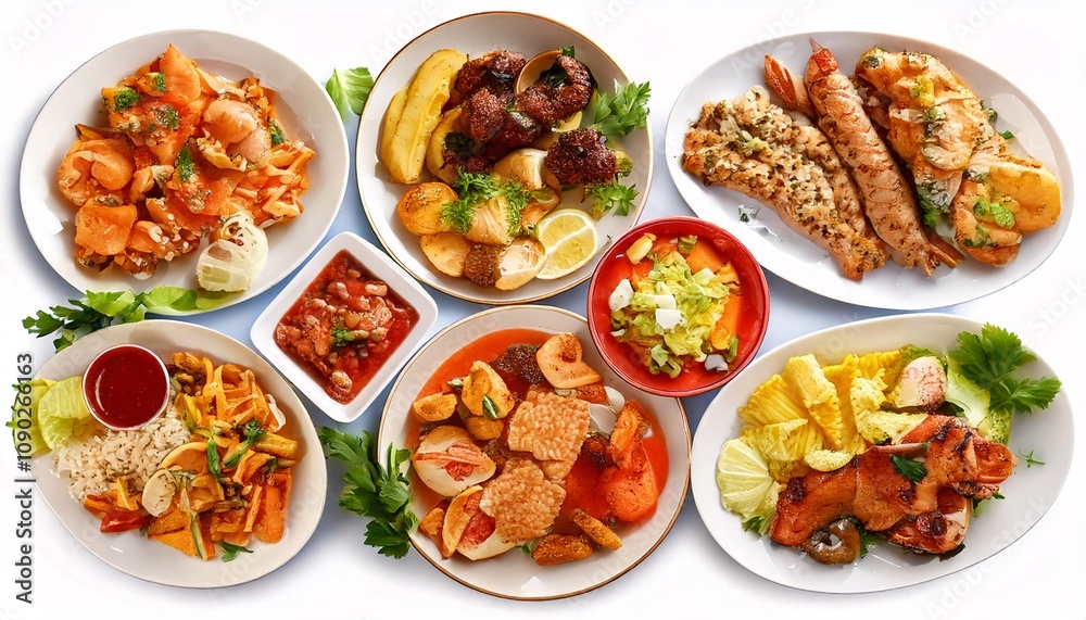 various plates of food isolated on white background, top view Set of different tasty salads