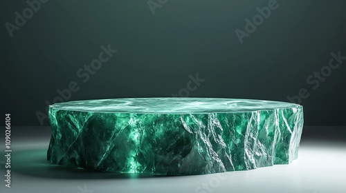 A podium made of polished emerald green jade, glowing softly under diffused lighting, isolated on a clean white background, ultra high-resolution, 8K