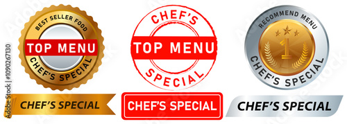 Chef Special menu recommendation top best seller food recommended guarantee dish cuisine stamp colorful badges label banner ribbon emblem design icon set collection