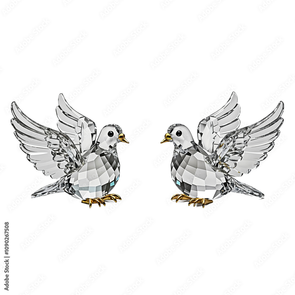 Fototapeta premium Crystal Dove Figurines with Raised Wings and Gold Details Symbolizing Unity and Peace