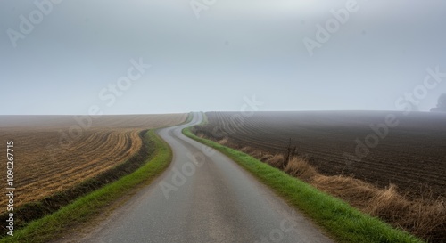 Serene country road through foggy farmland landscape with misty horizon photo