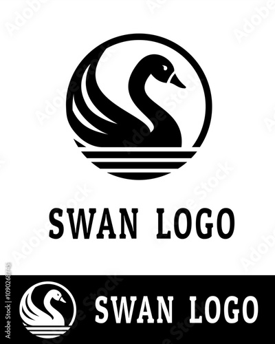 Modern swan logo design featuring a graceful bird silhouette enclosed in a circular frame isolated on white background 