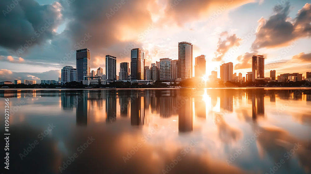Obraz premium modern city skyline reflecting on water during vibrant sunset, showcasing tall buildings and dramatic clouds. serene atmosphere evokes sense of tranquility and beauty