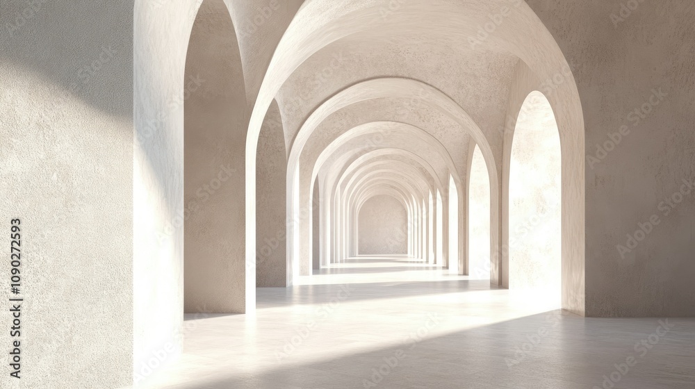 Fototapeta premium Spacious and Serene Interior with Elegant Arched Windows and Soft Light, Inviting Minimalist Architecture and Calm Ambiance for Various Creative Projects