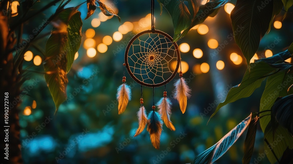 Obraz premium Ethereal Dreamcatcher Hanging Among Lush Greenery with Soft Bokeh Background Creating a Serene and Magical Atmosphere in Evening Light