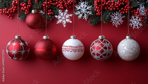 Festive Ornaments Displayed on a Vibrant Red Background