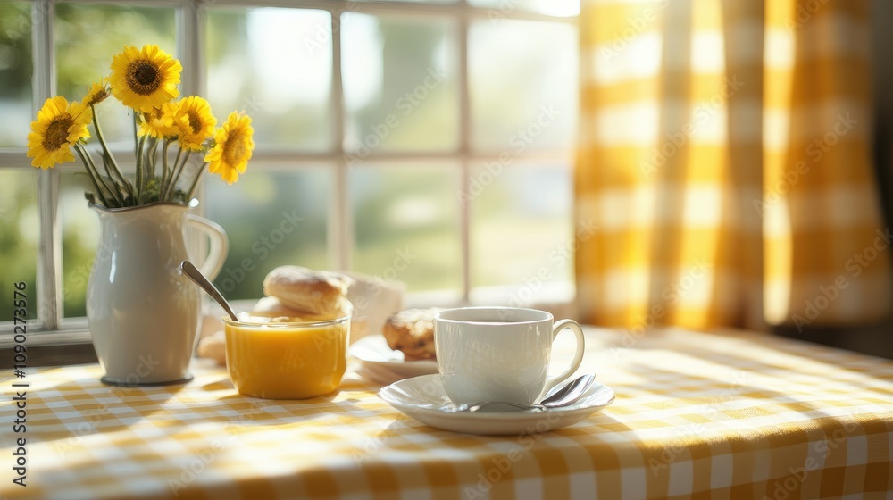 Bright Morning Scene with Fresh Sunflowers, Cup of Coffee, Delicious Pastries, and Vibrant Orange Jam on a Checked Tablecloth in Welcoming Kitchen Setting Bright Morning Scene with Fresh Sunflowers, Cup of Coffee, Delicious Pastries, and Vibrant Orange Jam on a Checked Tablecloth in Welcoming Kitchen Setting