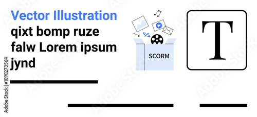 SCORM box with multimedia icons, social media, and envelope. Large T text icon and sample text. Ideal for e-learning platforms, digital marketing, educational content, infographics, tech