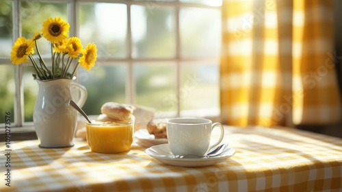 Bright Morning Scene with Fresh Sunflowers, Cup of Coffee, Delicious Pastries, and Vibrant Orange Jam on a Checked Tablecloth in Welcoming Kitchen Setting