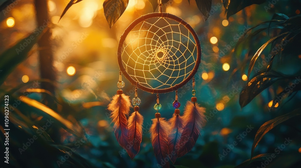 Obraz premium Captivating Dreamcatcher Hanging Among Lush Greenery with Soft Glowing Light at Sunset, Symbolizing Protection and Serenity in Nature's Embrace