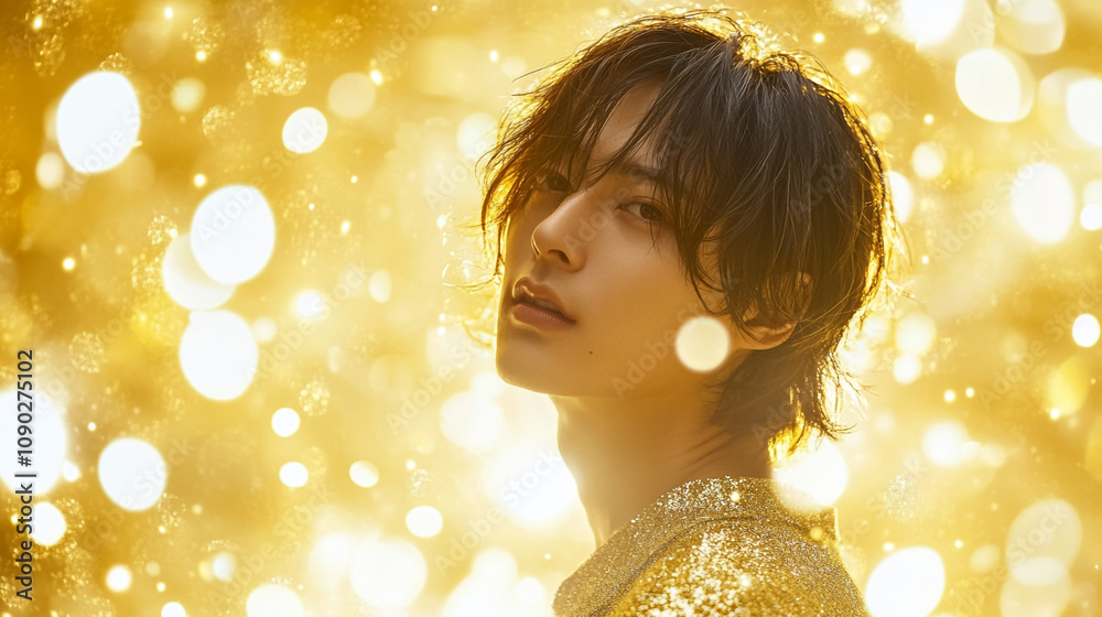 Fototapeta premium Captivating portrait of a young man surrounded by golden light at an outdoor event