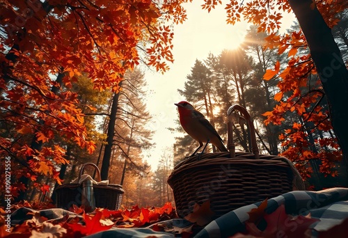 A picnic mat with a basket and A bird rests on a tree branch of food and cup of drinks,tee,coffey under a tree with color full leaves outdoor gatherings and fall celebrations (21)