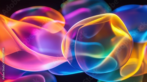 A vibrant, abstract display of colorful, translucent shapes resembling bubbles or fluid motion.