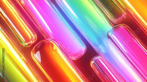 A vibrant, abstract composition of colorful, glowing shapes and reflections.