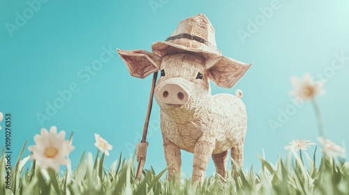 A charming pig wearing a straw hat stands in a field of flowers under a blue sky. photo