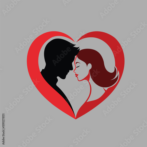 Black Romantic Couple Silhouette behind heart shape white background