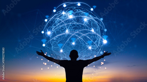 Man standing with arms holding virtual screen representing global connectivity on sunset sky background. Global communication network. Environmental technology. Sustainable development goals concept. photo