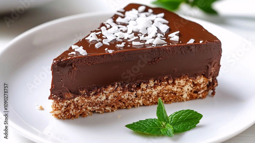 Keto chocolate cake slice with biscuit base, glossy dark chocolate ganache, shredded coconut, and fresh mint garnish on a white plate.