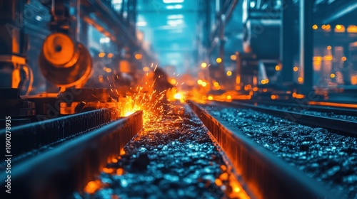 Molten metal sparks flying in an industrial foundry setting