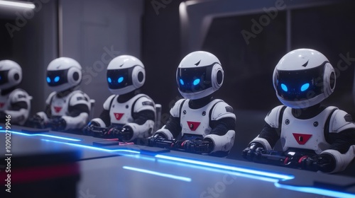 A futuristic setup of humanoid robots working in a synchronized manner in a dimly lit environment.