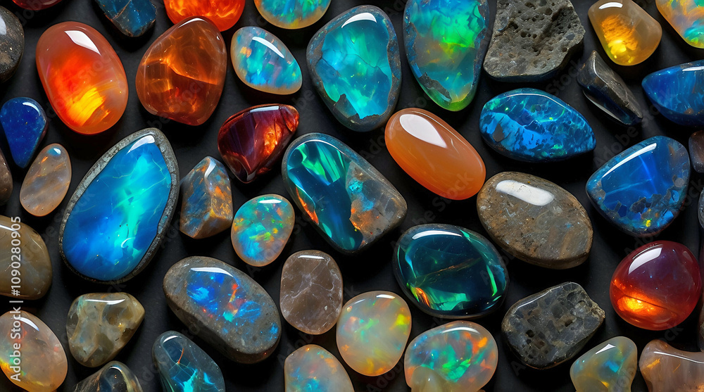 Collection Of Polished Opal Gemstones Showcasing A Stunning Variety Of Colors Including Fiery Reds Electric Blues And Vibrant Greens Collection Of Polished Opal Gemstones Showcasing A Stunning Variety Of Colors Including Fiery Reds Electric Blues And Vibrant Greens