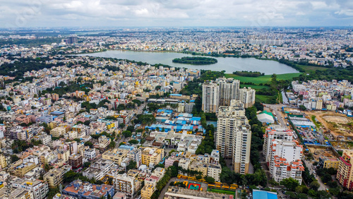 Aerial shot of BTM lake and city skyscrappers in background in Bangalore, Karnataka, India. Lakes of Bangalore 