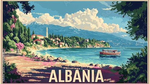 A vibrant poster of Albania highlighting its breathtaking landscapes, from the Albanian Riviera to the Accursed Mountains, celebrates the country's rich culture and stunning natural beauty. photo