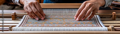 Songket decorative concept, A close-up of hands weaving intricate patterns on a loom, showcasing skilled craftsmanship and vibrant colors in traditional textile art.