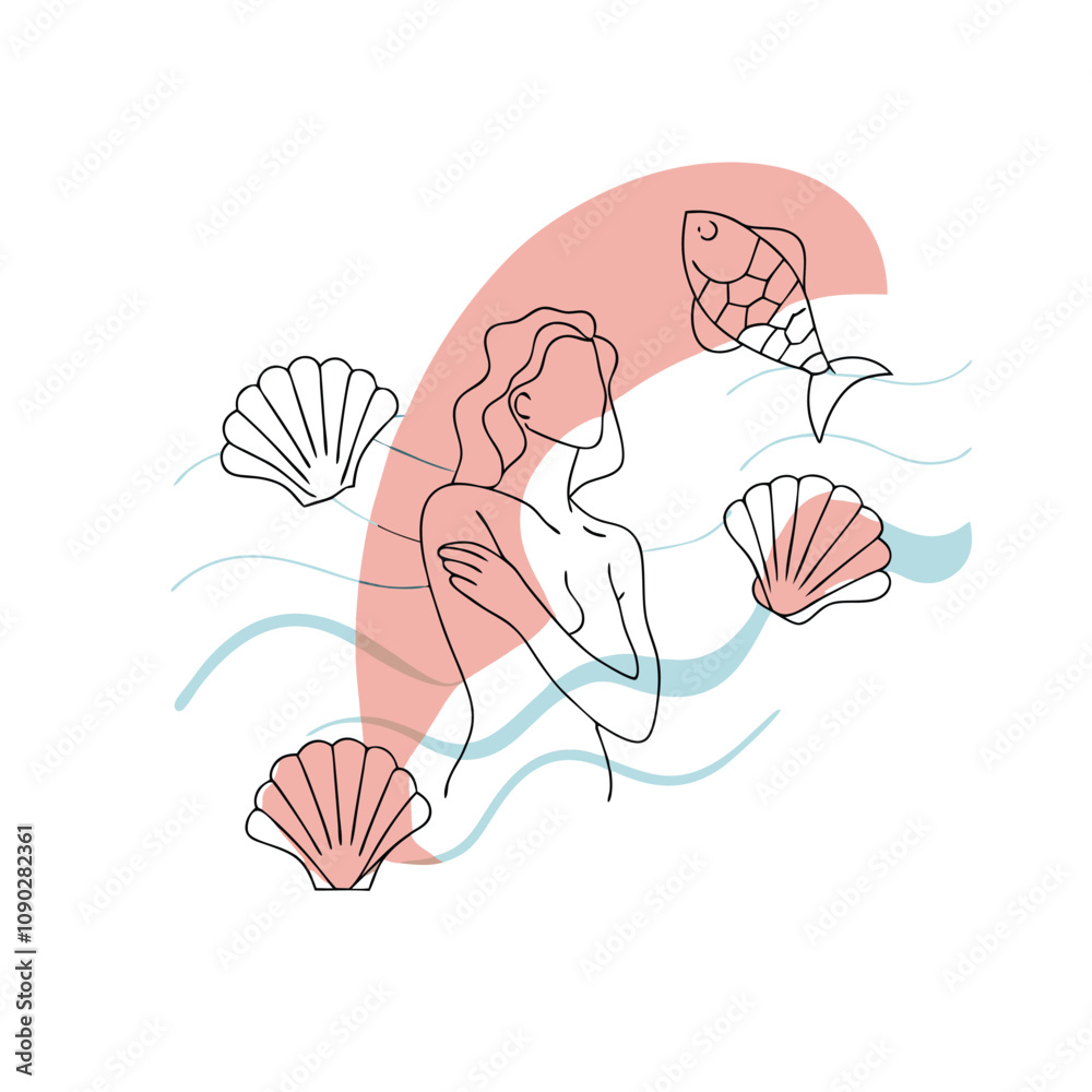 Fototapeta premium Hand Drawn Mermaid Woman One Line Art Illustration