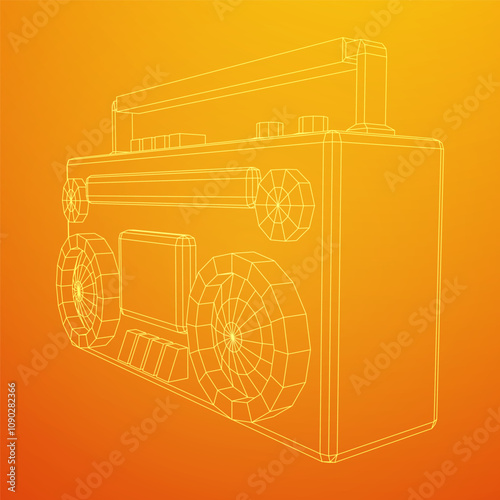 Retro Boombox outdated portable cassette tape recorder. Wireframe low poly mesh vector illustration.