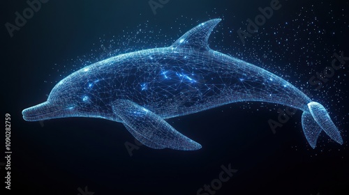 A digital illustration of a dolphin made of connected glowing blue dots on a dark blue background. photo