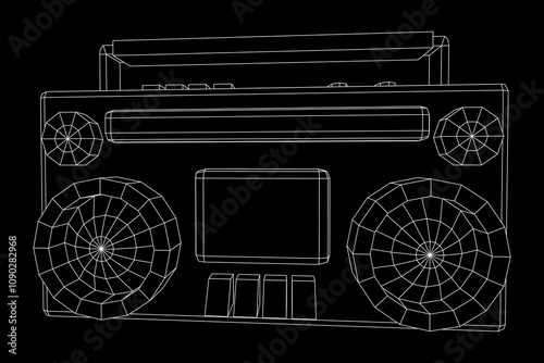 Retro Boombox outdated portable cassette tape recorder. Wireframe low poly mesh vector illustration.