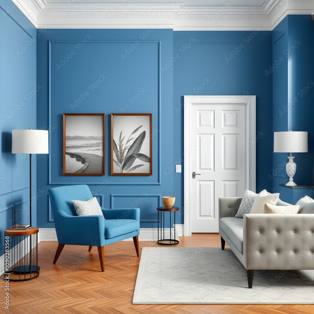 Fototapeta premium Blue armchair against blue wall in living room interior Elegant interior design