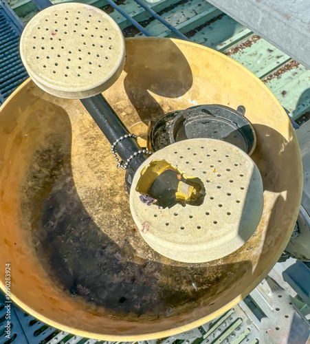 damaged eyewash safety station with missing covers in an industrial setting 