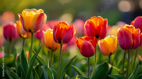 Colorful tulips bloom in a vibrant garden during springtime sunlight
