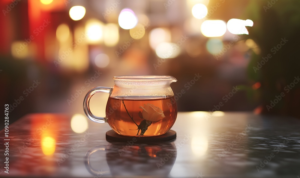Rose tea with glass flower tea base on marble table with city of lights outside the window at night, Generative AI Rose tea with glass flower tea base on marble table with city of lights outside the window at night, Generative AI