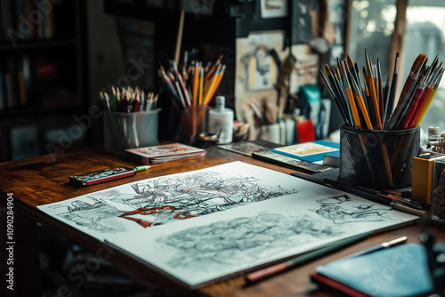 Close up of a graphic novelists desk photo