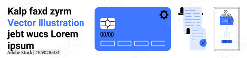 Credit card with chip, gear icon, invoices, checkmark, and mobile app user interface. Ideal for finance, e-commerce, banking, transactions, digital wallets, payment gateways, and fintech solutions