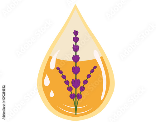 Vector illustration of a drop of lavender essential oil with lavender flower elements. Symbolizes aromatherapy, wellness, natural healing, skincare, and herbal remedies.