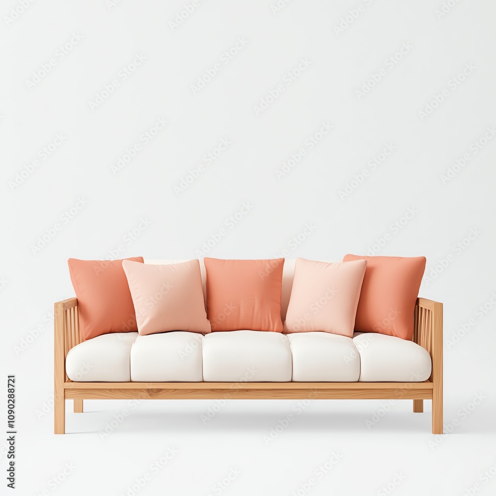 Fototapeta premium Modern living room sofa with plush cushions in soft colors, perfect for relaxation and stylish interior design.