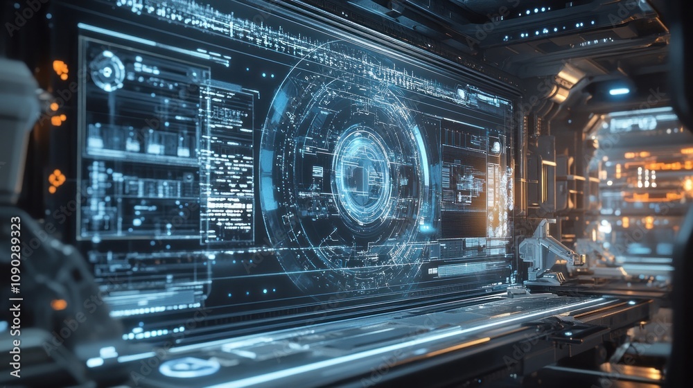 Fototapeta premium Futuristic spaceship control room interior with large holographic display screen showing complex digital information.