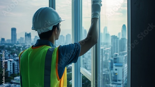 A close-up view of a window fitter in a hard hat and safety vest, adjusting a large window pane with a city skyline in the background, Window installation scene