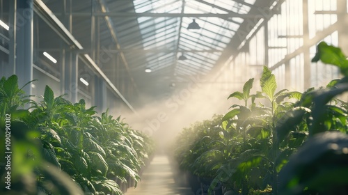 A serene greenhouse filled with lush plants and mist, highlighting growth and cultivation.