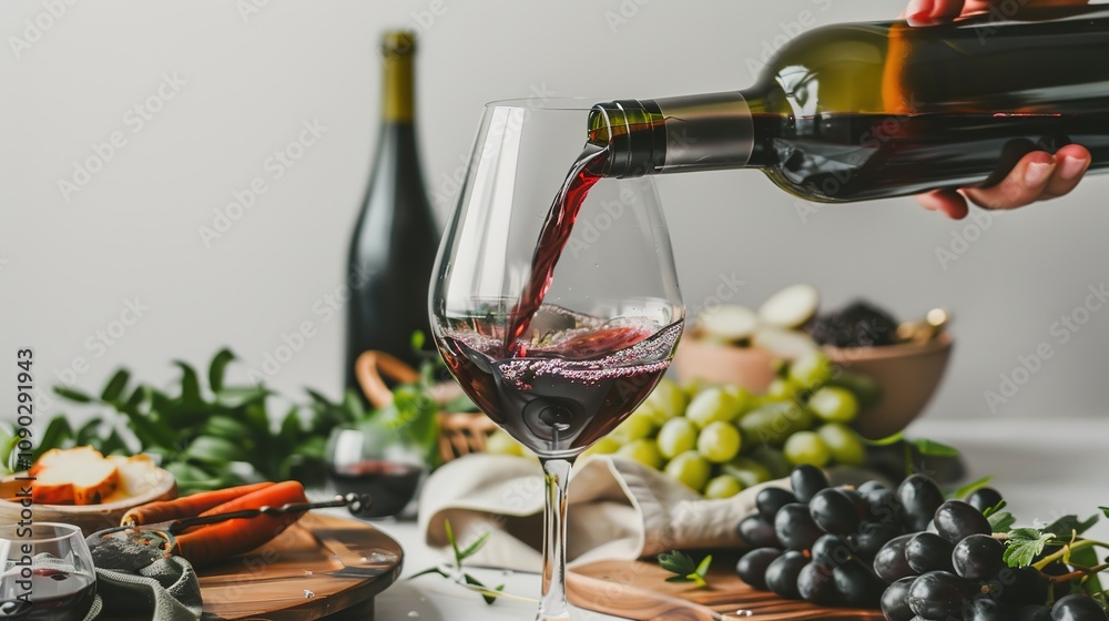 Obraz premium Pouring Red Wine into a Transparent Glass on White Background - A Captivating Moment of Elegance. The Rich Red Wine Cascading into the Glass, Its Color Standing Out Against the Purity of White. 
